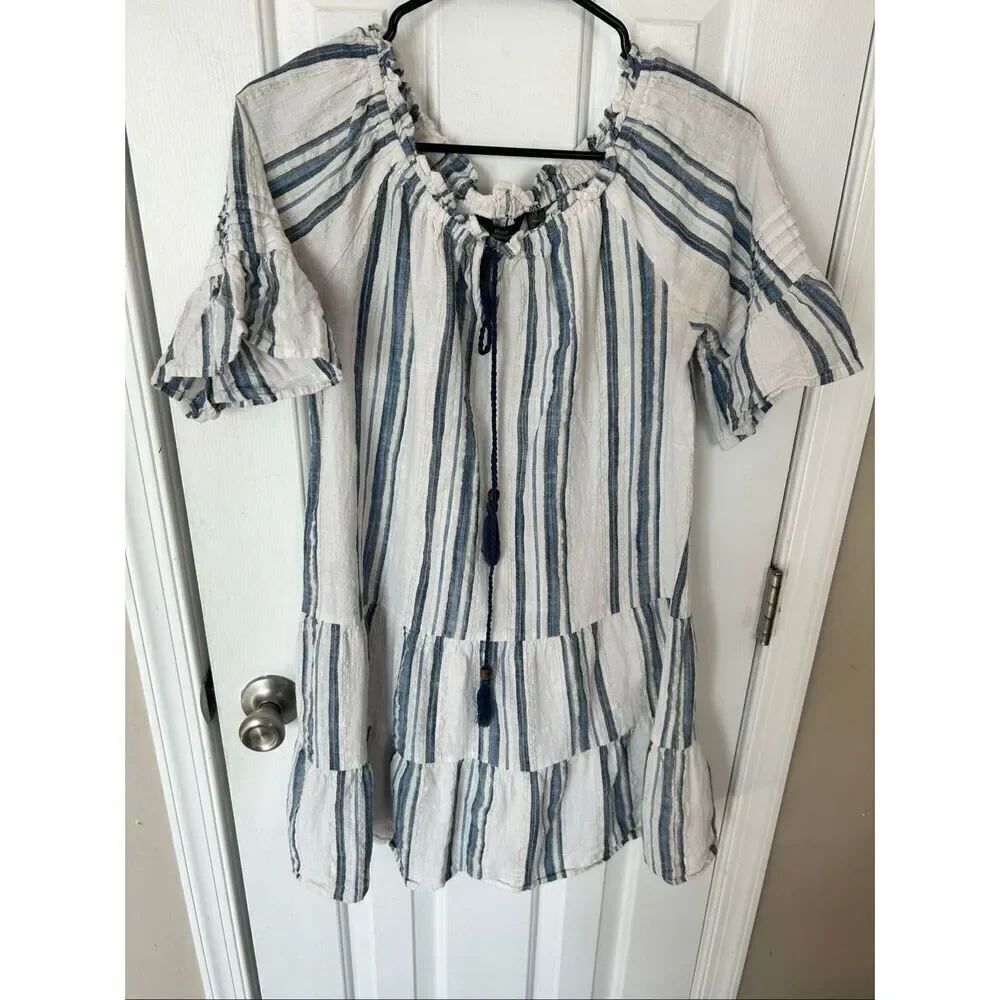 Mlle Gabrielle Woman’s Plus size small Blue And White Striped Dress 100% cotton
